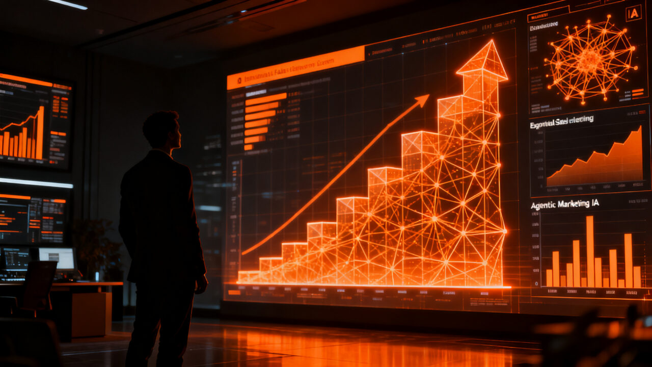 Banquero analizando datos financieros y ventas digitales con inteligencia artificial en un entorno corporativo moderno y tecnológico.