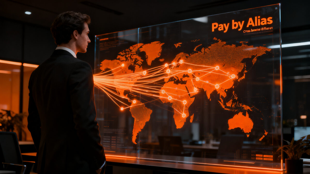 Ejecutivo financiero analizando flujos de pagos internacionales mediante tecnología Swift y Pay by Alias para fintechs.