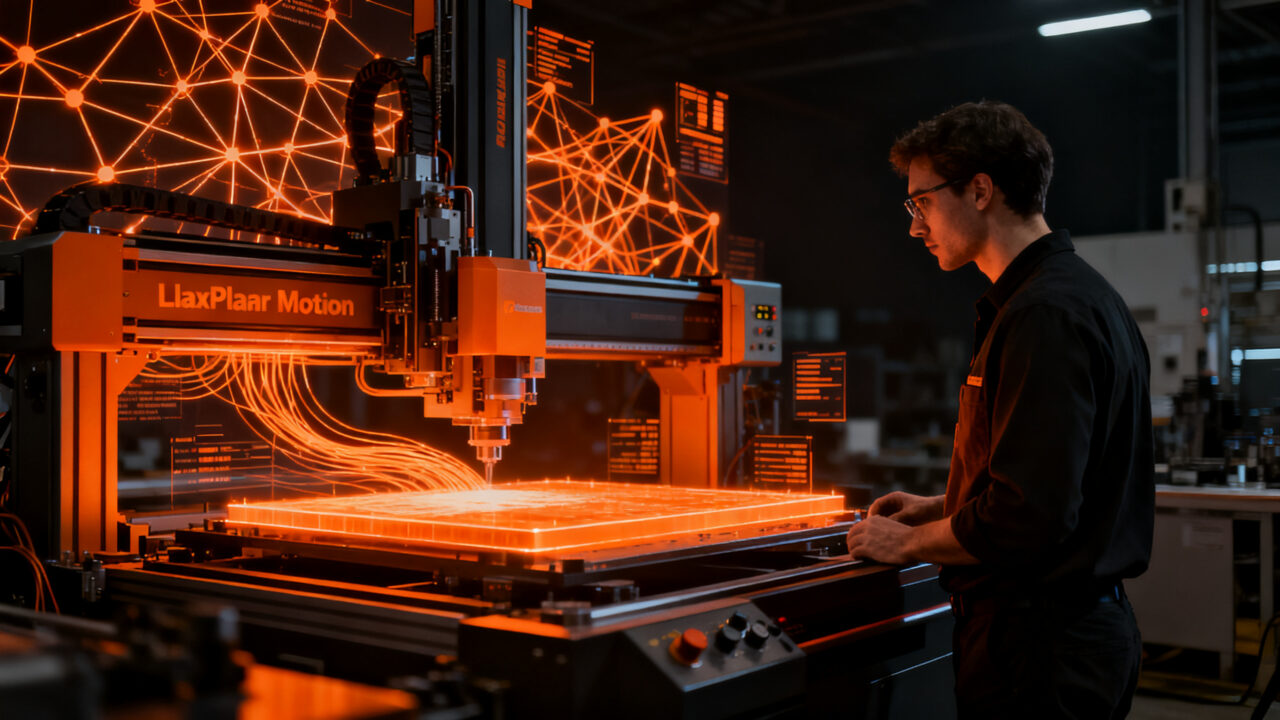 Ingeniero supervisando sistema de automatización industrial Beckhoff XPlanar en una planta de manufactura inteligente.
