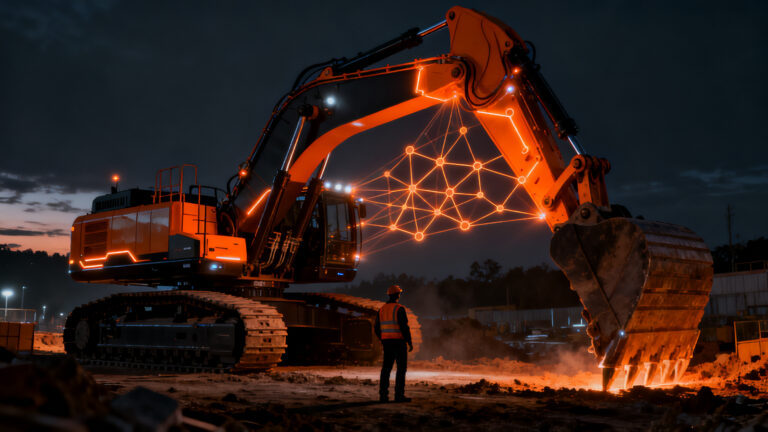 Excavadora autónoma de Bedrock Robotics operando en una obra de construcción, representando la automatización industrial y la inversión tecnológica.