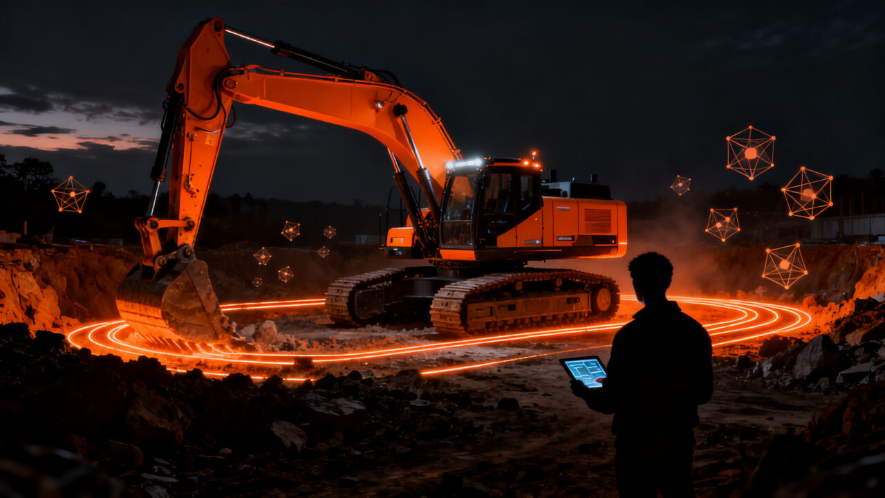 Excavadora autónoma de Bedrock Robotics operando en una obra de construcción, representando el avance de la tecnología de automatización y la inversión en capital riesgo.