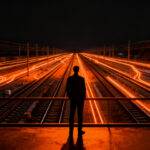 Silueta de un ejecutivo ferroviario observando la red del Belgrano Cargas, representando la transición de la concesión ferroviaria en Argentina.
