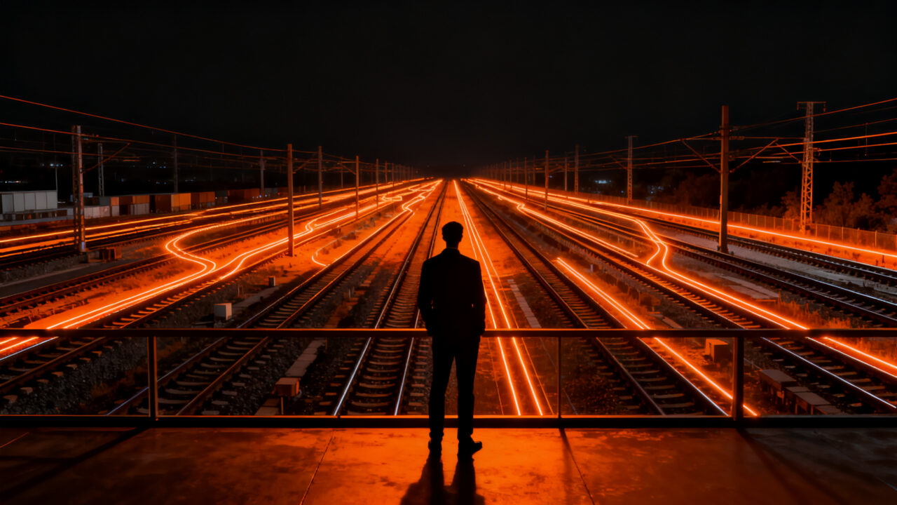 Silueta de un ejecutivo ferroviario observando la red del Belgrano Cargas, representando la transición de la concesión ferroviaria en Argentina.