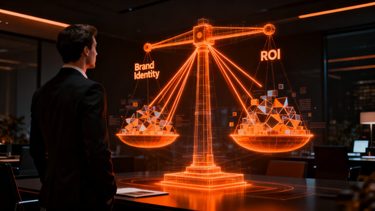 Representación visual de la tensión entre el branding corporativo y el retorno de inversión ROI en el sector startup y empresarial.