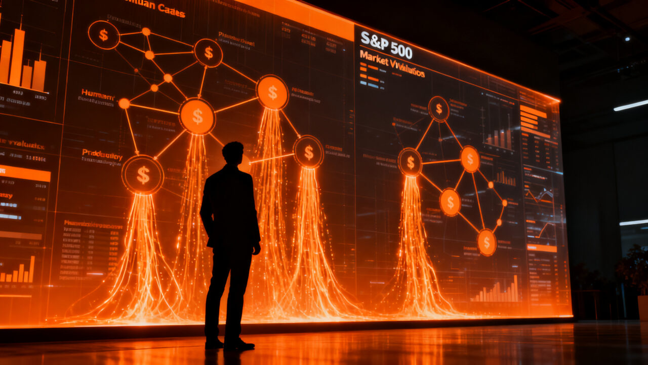 Análisis de eficiencia operativa y capitalización de mercado de empresas del S&P 500 comparando productividad y valor.
