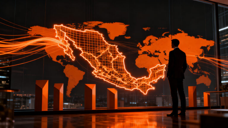 Inversionista analizando el mapa de México como oportunidad de capital extranjero y nearshoring bajo condiciones de seguridad.