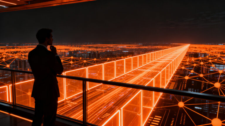 Silueta de un visionario tecnológico observando una compleja red de IA que representa la disrupción de los próximos 20 años en el ecosistema startup.