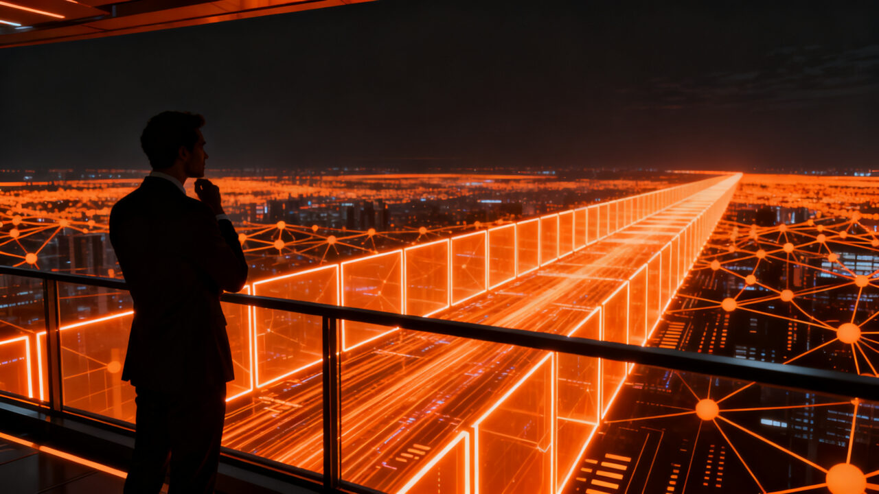 Silueta de un visionario tecnológico observando una compleja red de IA que representa la disrupción de los próximos 20 años en el ecosistema startup.