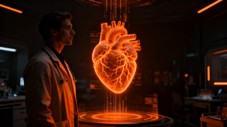 Imagen conceptual de IA diagnóstica analizando riesgo cardiovascular y salud preventiva en clínica de longevidad.