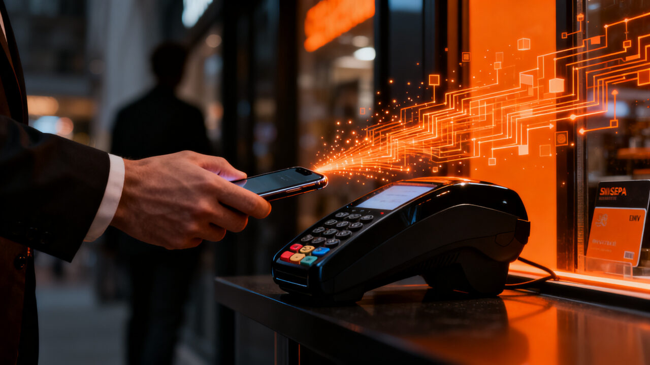 Persona pagando en un terminal con su smartphone, representando la disrupción de Bizum Pay en los pagos móviles sin tarjetas tradicionales.