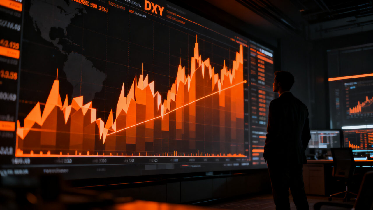 Analista financiero observando gráficos de mercado y tendencias del dólar, representando el impacto macroeconómico en startups y mercados emergentes.