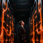 Analista financiero evaluando infraestructura de data centers para IA, representando la estabilidad del mercado de financiación tecnológica.