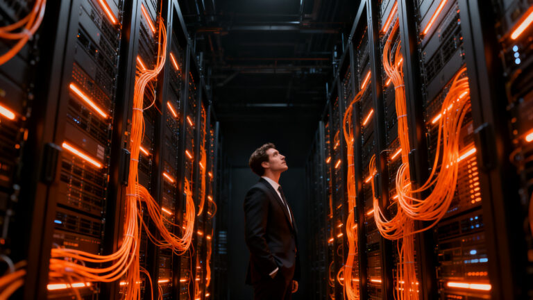 Analista financiero evaluando infraestructura de data centers para IA, representando la estabilidad del mercado de financiación tecnológica.