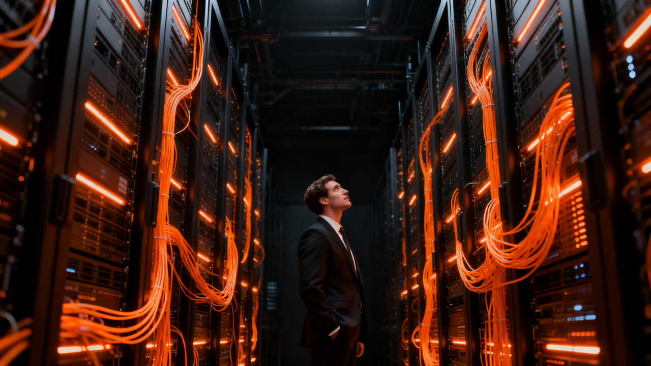Analista financiero evaluando infraestructura de data centers para IA, representando la estabilidad del mercado de financiación tecnológica.
