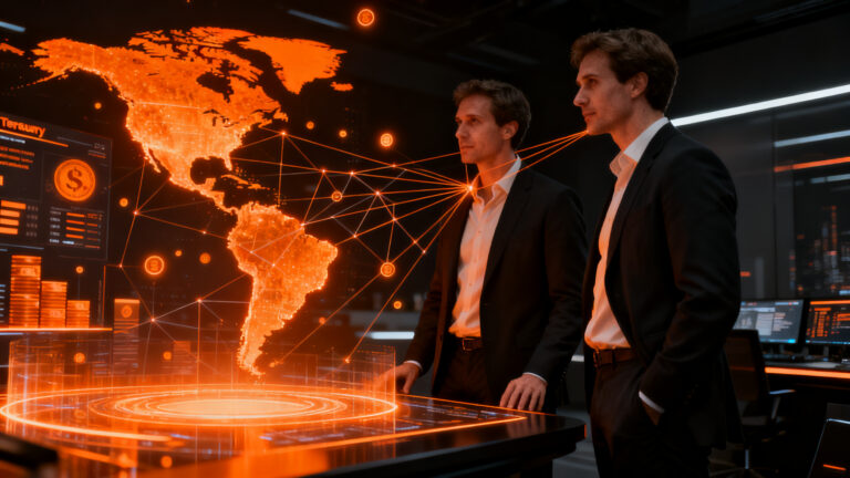 Fundadores de la fintech Blinka celebrando el éxito de sus operaciones financieras internacionales con cuentas en dólares.