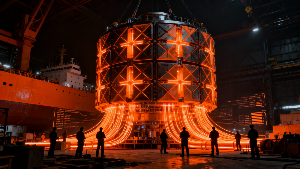 Reactor nuclear modular de Blue Energy siendo ensamblado en un astillero, representando la innovación en energía limpia y escalabilidad industrial.