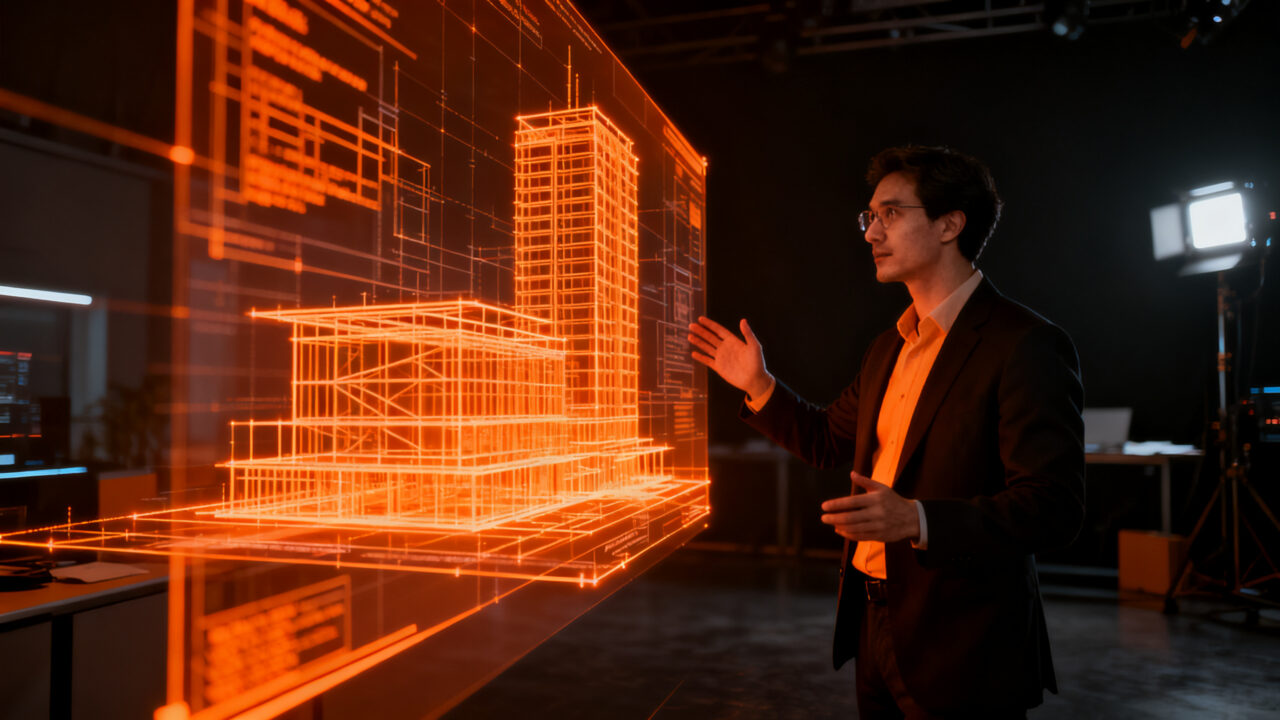 Arquitecto utilizando IA generativa para crear planos de construcción precisos en una startup de tecnología inmobiliaria.
