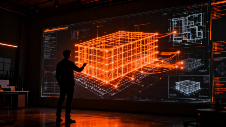 Arquitecto trabajando con planos de construcción generados por IA en un entorno digital moderno para startups.