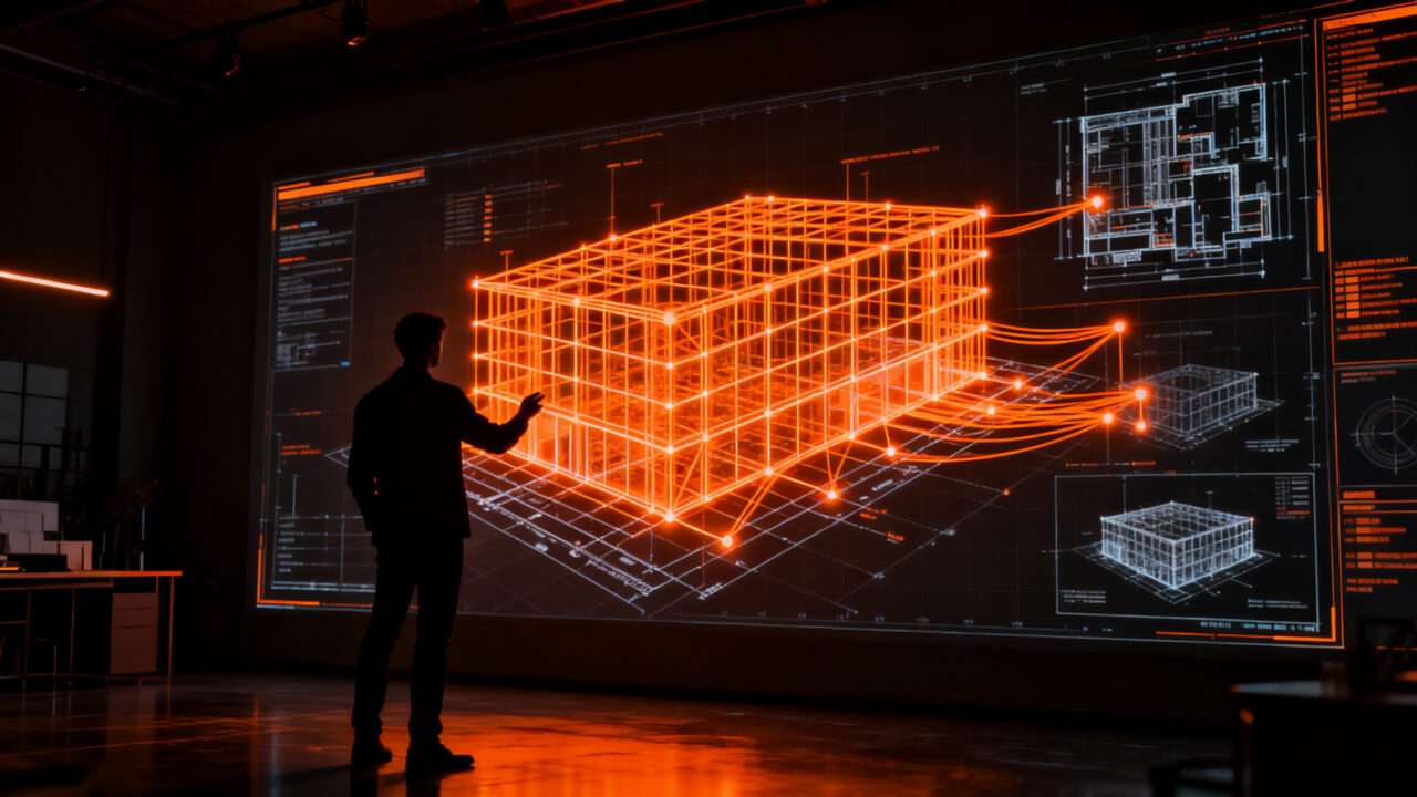 Arquitecto trabajando con planos de construcción generados por IA en un entorno digital moderno para startups.