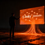 Usuario interactuando con una red de identidad digital descentralizada y el dominio .bsky, representando la evolución de la web abierta.