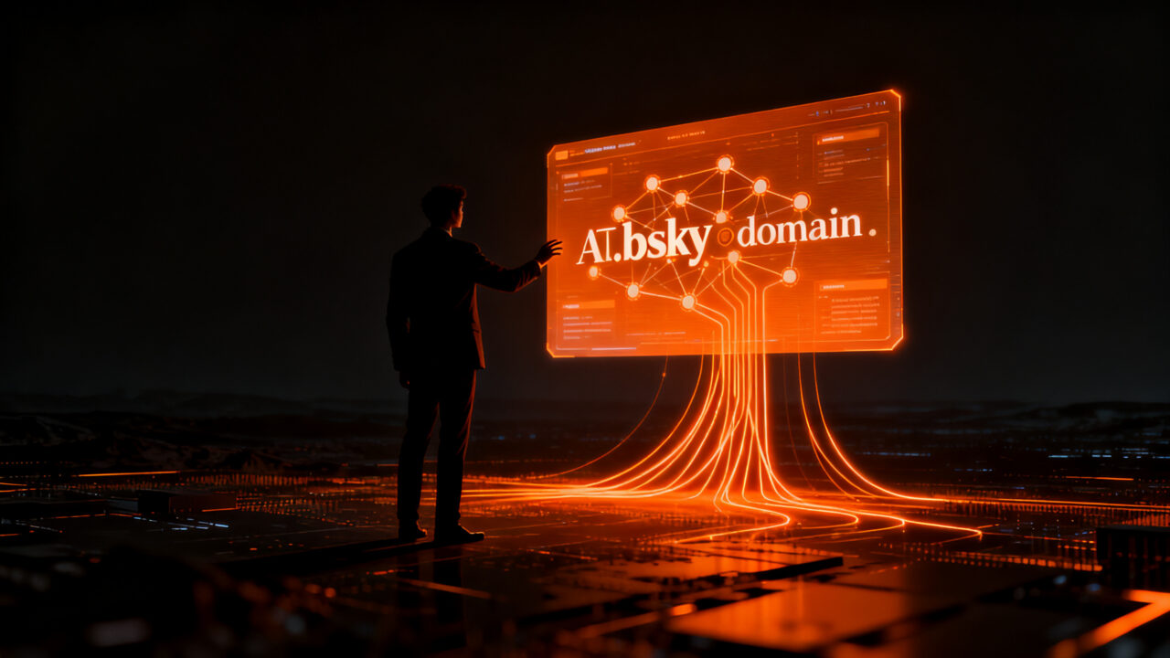 Usuario interactuando con una red de identidad digital descentralizada y el dominio .bsky, representando la evolución de la web abierta.