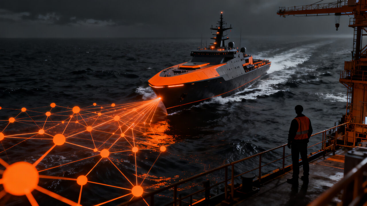 Embarcación autónoma de alta tecnología patrullando un mar oscuro, representando el boom de inversión en startups de defensa naval y robótica marina.