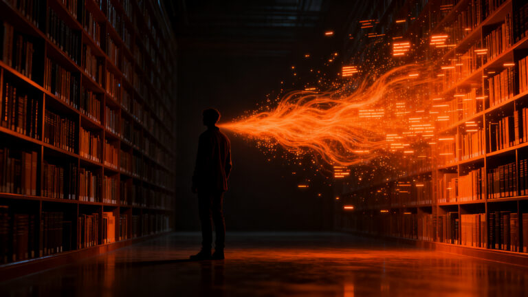 Concepto de inteligencia artificial y machine unlearning: una figura humana frente a una biblioteca de datos digitales desvaneciéndose.