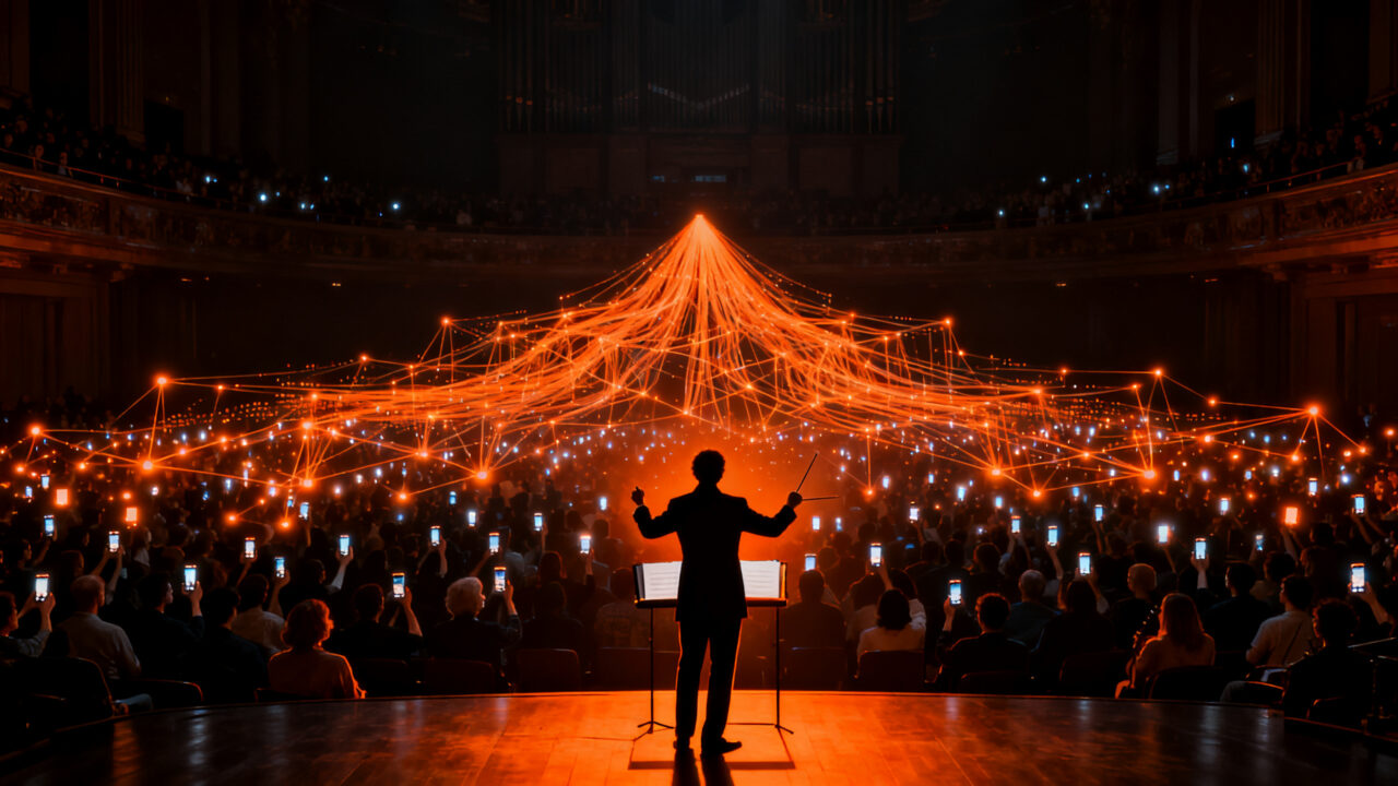 Inteligencia artificial transformando un concierto de música clásica mediante conectividad 5G y smartphones.