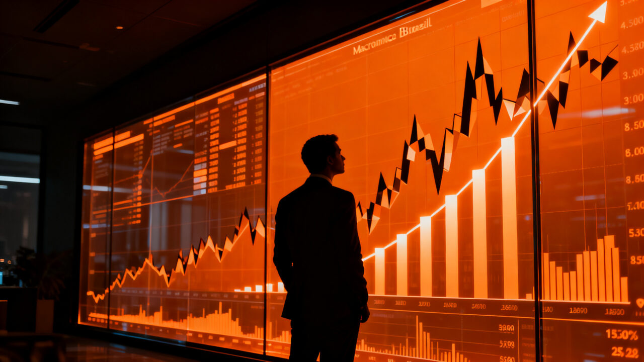 Analista financiero observando gráficos de deuda fiscal de Brasil en una proyección macroeconómica compleja.