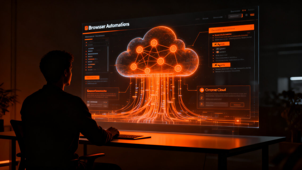 Agente de inteligencia artificial automatizando procesos en un navegador web, representando la eficiencia en la nube.
