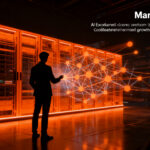 Emprendedor analizando datos complejos frente al superordenador MareNostrum 5, representando la aceleración de startups de inteligencia artificial en España.