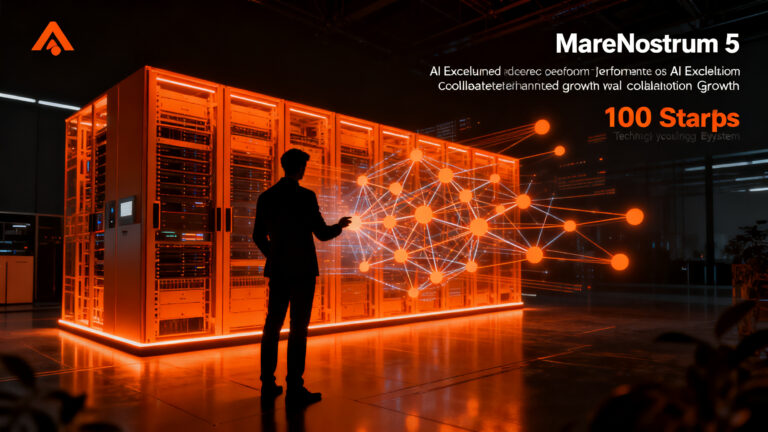 Emprendedor analizando datos complejos frente al superordenador MareNostrum 5, representando la aceleración de startups de inteligencia artificial en España.