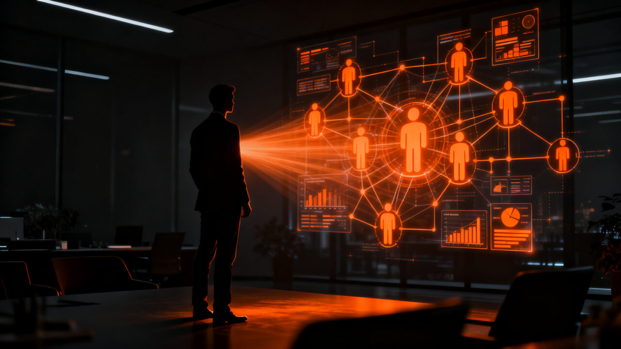 Ejecutivo liderando la transformación digital con IA, enfatizando el criterio humano sobre la automatización en la cultura organizacional.