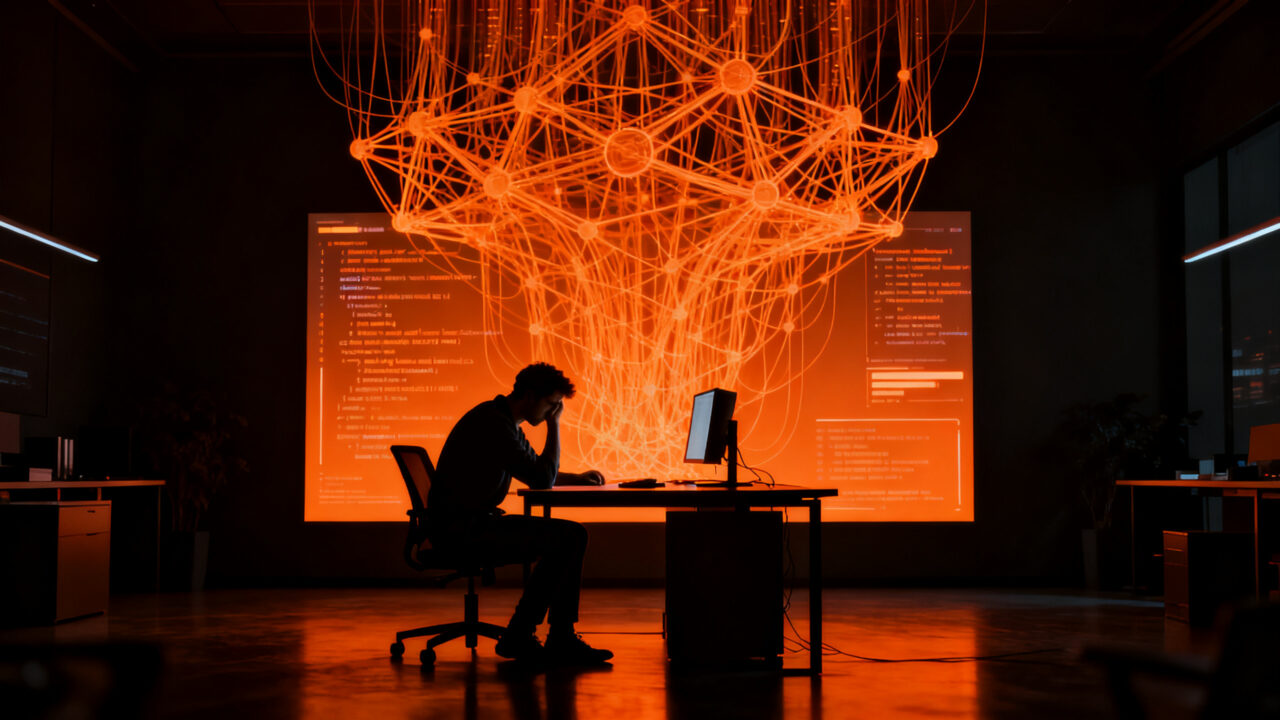 Programador frente a una pantalla de IA, representando el burnout y la dependencia tecnológica en el desarrollo de software.