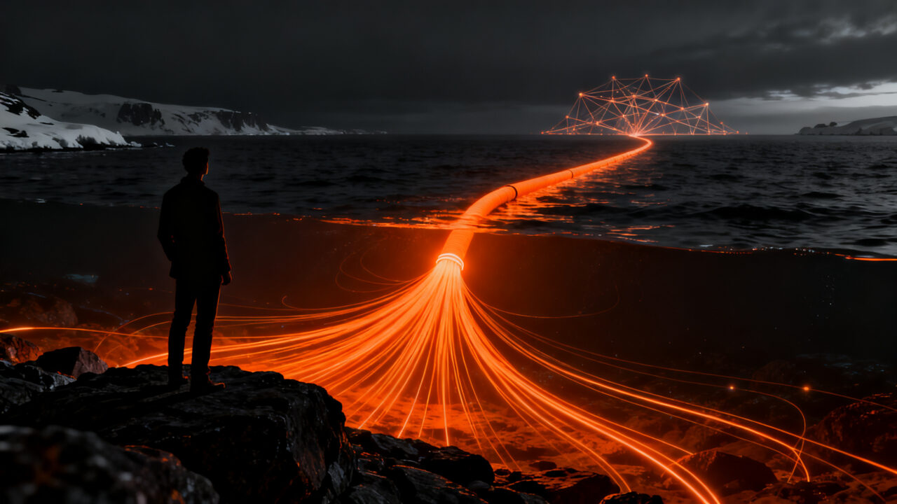 Infraestructura digital del cable submarino Pan-Arctic conectando Europa y Groenlandia, simbolizando conectividad estratégica y geopolítica.