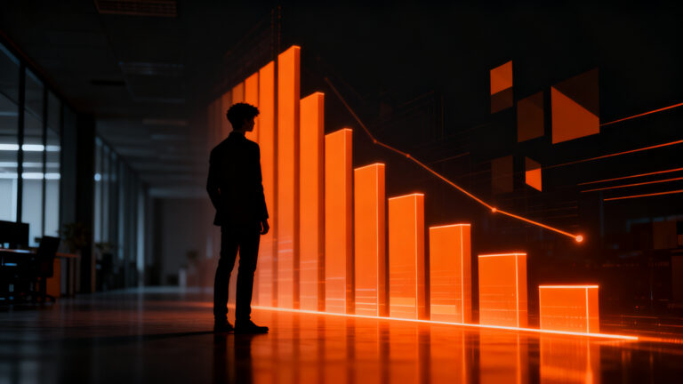 Gráfico conceptual de caída en el empleo joven en el sector tech y financiero del Reino Unido, simbolizando el impacto en la contratación de talento junior.