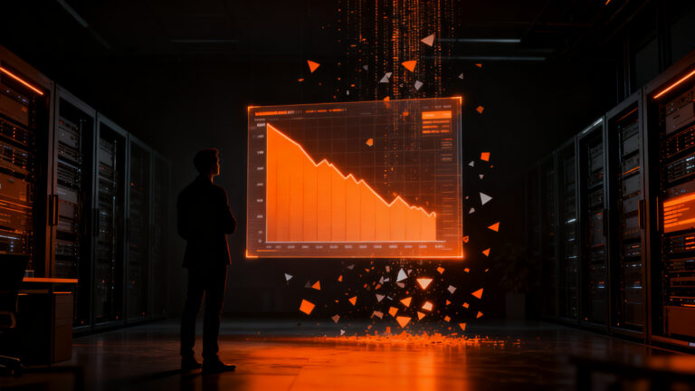 Gráfico de tendencia de inversión fintech en declive con emprendedor analizando métricas, representando el mercado de venture capital en 2026.