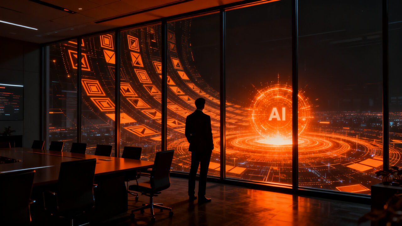 Gráfico de barras digital cayendo junto a una silueta humana que observa un brillante nodo de inteligencia artificial, representando la inversión en startups.