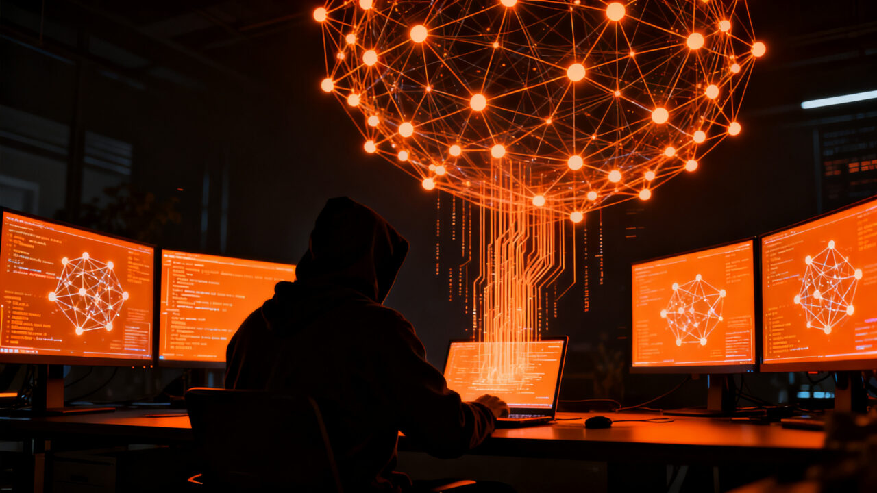 Hacker utilizando agentes de IA autónomos para explotar vulnerabilidades en sitios web, concepto de ciberseguridad avanzada.