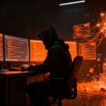 Ciberseguridad y riesgos de agentes de IA autónomos en startups, mostrando un atacante digital acechando sistemas.