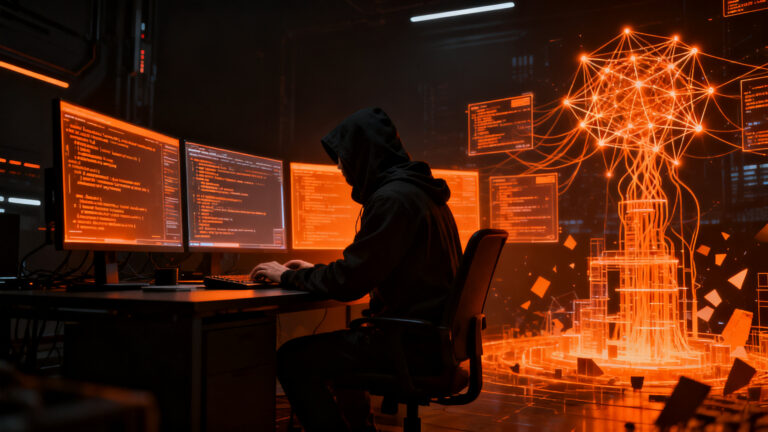 Ciberseguridad y riesgos de agentes de IA autónomos en startups, mostrando un atacante digital acechando sistemas.
