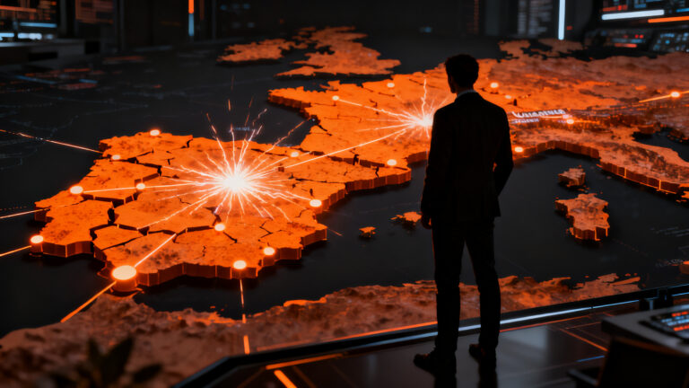 Mapa de calor descentralizado del ecosistema startup en España, mostrando nodos de innovación en Valencia y Andalucía con un estilo editorial tecnológico.