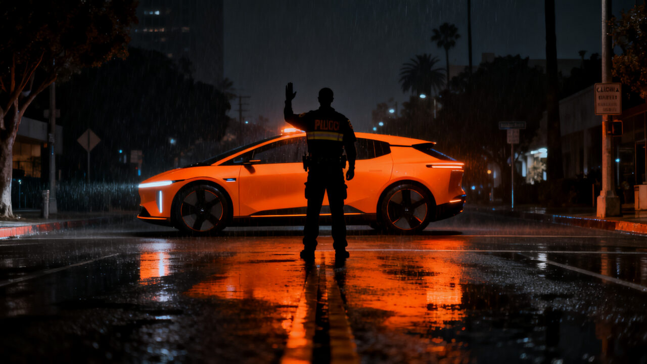 Un robotaxi autónomo bloqueado en una calle de California, simbolizando la nueva regulación de seguridad vial y vehículos autónomos.