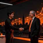 Empresario y emprendedora colaborando en un entorno urbano de Ciudad de México, simbolizando el apoyo del Instituto del Emprendimiento a las MiPyMEs.