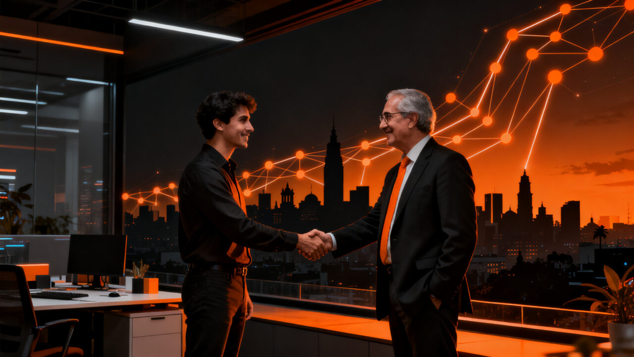 Empresario y emprendedora colaborando en un entorno urbano de Ciudad de México, simbolizando el apoyo del Instituto del Emprendimiento a las MiPyMEs.