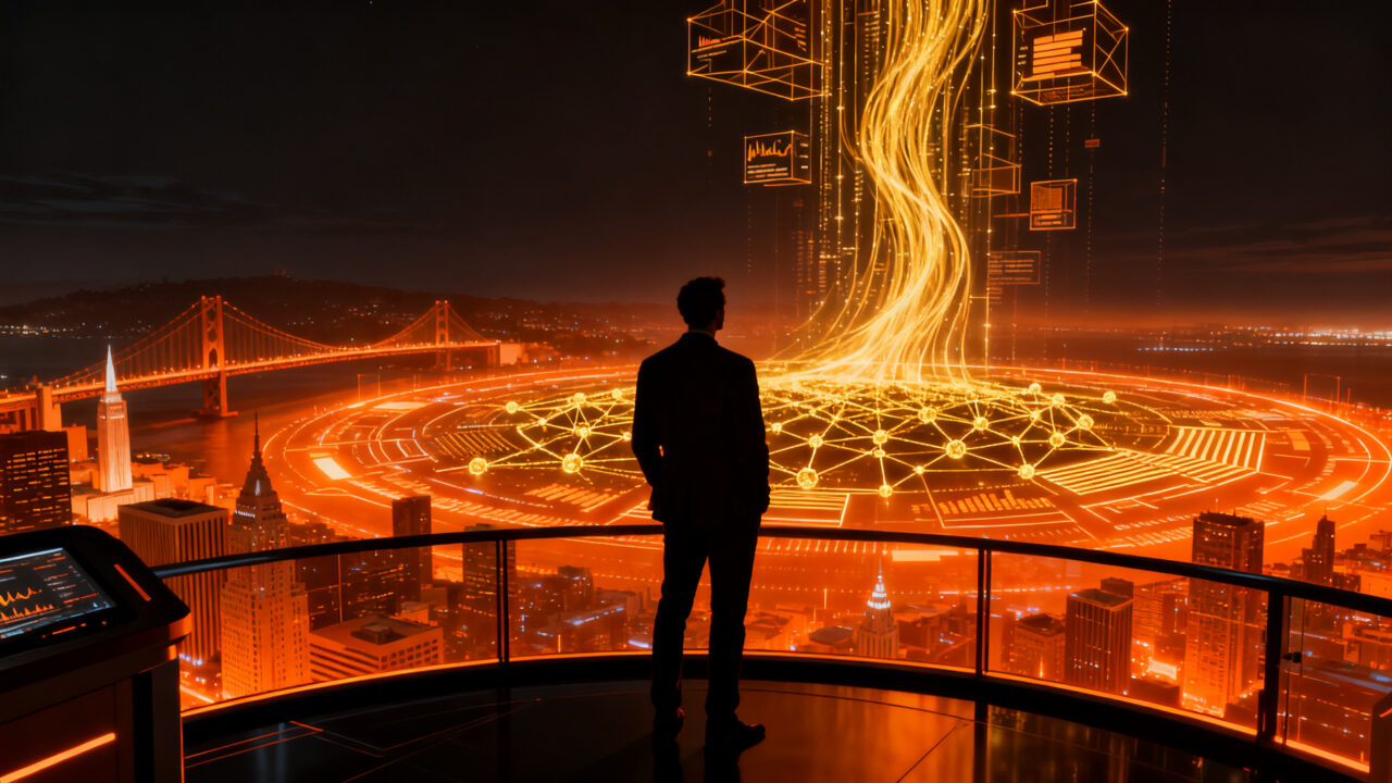 Emprendedor analizando datos financieros y trading de oro con inteligencia artificial en un entorno tecnológico de Silicon Valley.