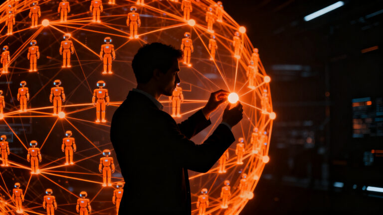 Agente de IA interactuando con protocolos de ciberseguridad Web3 bajo supervisión humana, concepto de gobernanza tecnológica.