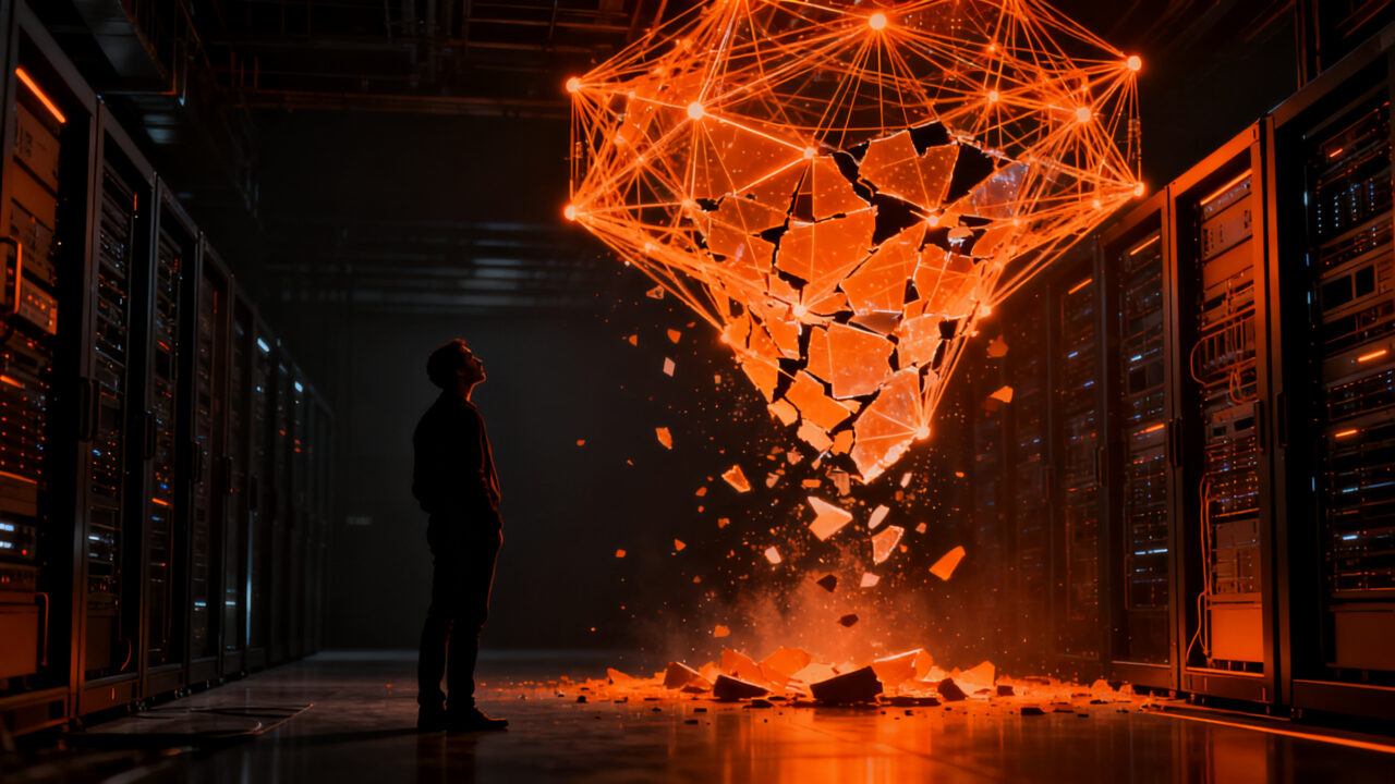 Silueta de emprendedor observando el colapso de una red neuronal de IA, representando la crisis de las startups de inteligencia artificial.