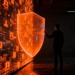 Representación visual de la privacidad digital y el uso de datos personales en ChatGPT, con una figura humana protegiéndose de una red de información segmentada.