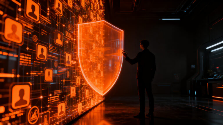Representación visual de la privacidad digital y el uso de datos personales en ChatGPT, con una figura humana protegiéndose de una red de información segmentada.